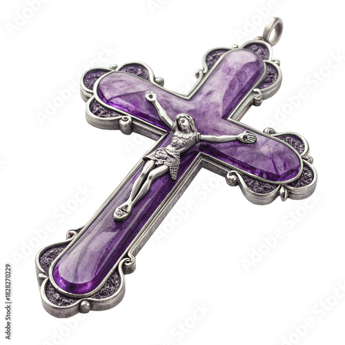 Elegant purple crucifix pendant with intricate silver detailing, a beautiful symbol of faith and devotion, perfect for religious jewelry and spiritual art projects