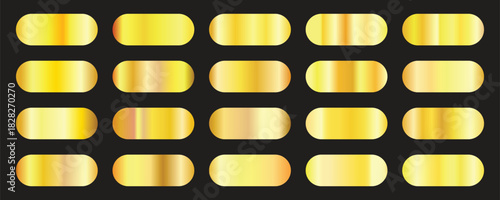 Golden premium gradient swatch palette set. Gold gradient set chrome color foil texture background.  Metallic golden ribbon frame label effect. Flat vector illustration isolated .