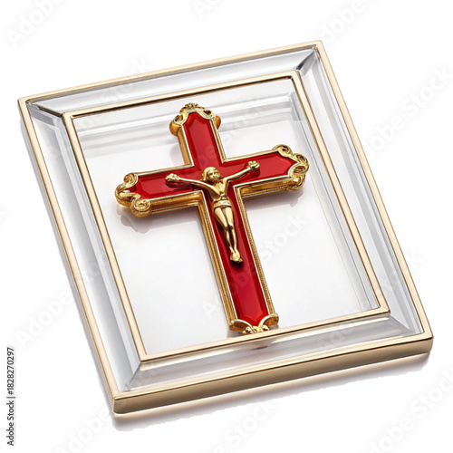 Elegant red and gold crucifix in glass frame exudes faith, tradition, and reverence, perfect for religious holidays, spiritual reflection, and heartfelt sympathy