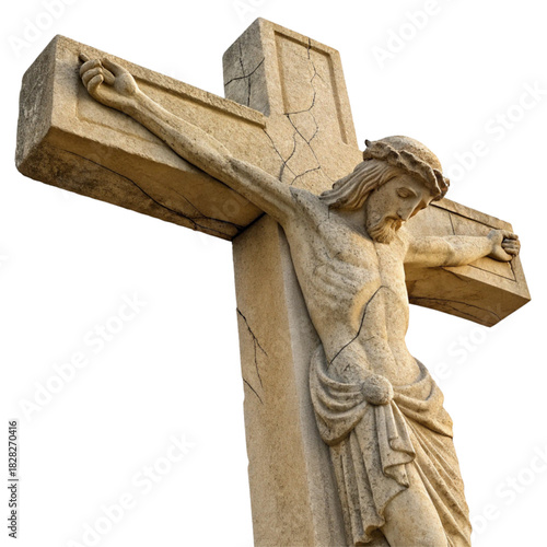 Jesus Christ statue on cross, a symbol of faith, hope, and redemption, perfect for religious art and historical storytelling projects, evokes contemplation