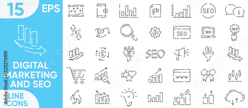 Digital Marketing and SEO outline icon set. Linear icon collection. Editable stroke. Vector illustration