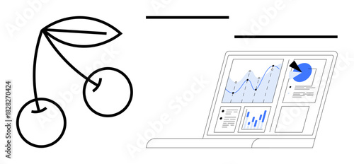 Cherry branch with two leaves paired with laptop displaying analytics and data charts. Ideal for technology, agriculture, healthy living, growth, analysis, simplicity, modern design. Simple flat