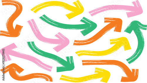 Colorful bold brush arrow set. Squiggle lines, curly brush strokes with hand drawn doodle grunge brush texture. Arrow-shaped icons collection with various directions with white background.