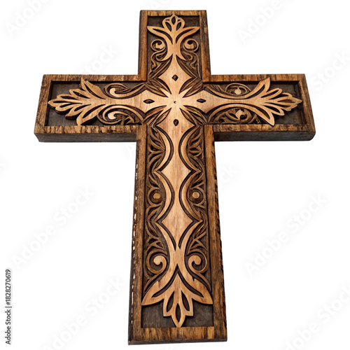 Artisanal wooden cross with intricate carvings offers spiritual comfort and timeless elegance, perfect for faith-based projects and heartfelt expressions