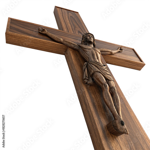 Wood cross symbol with detailed carving of Jesus Christ, representing faith, sacrifice, and redemption for religious devotion and spiritual reflection