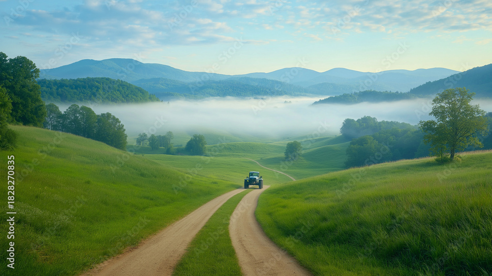Fototapeta premium Early morning countryside with tractor on dirt road winding through green rolling hills and mist in valley, calm pastoral scene with distant blue mountains and soft sky