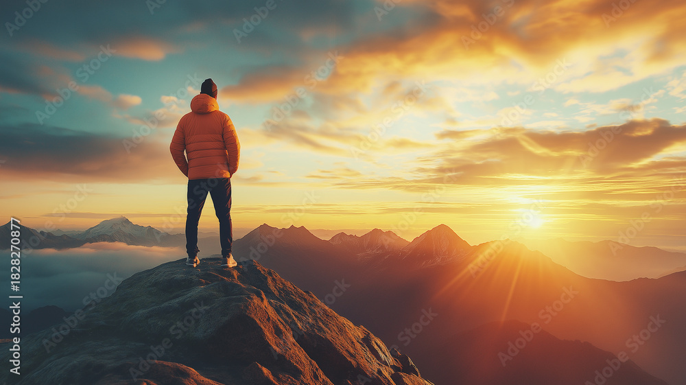 Fototapeta premium Man standing mountain sunrise hiker jacket peak sunrise mountain range silhouette