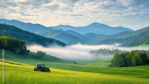 Green tractor field morning fog rolling hills peaceful countryside with distant mountains and layered forest