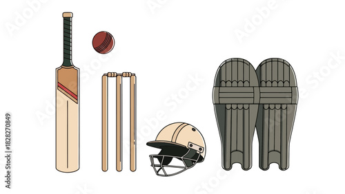 Cricket Sports Equipment Set Bat Ball Wicket Helmet Pads Sportswear Gear Illustration