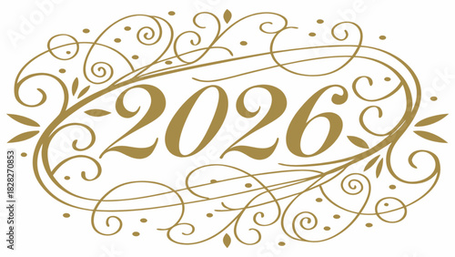 Golden year two thousand twenty six with floral swirls and decorative dots in an oval frame design element