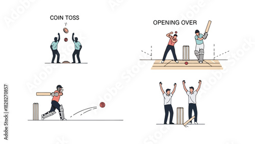 Cricket Game Stages Coin Toss Batting Bowling and Celebration