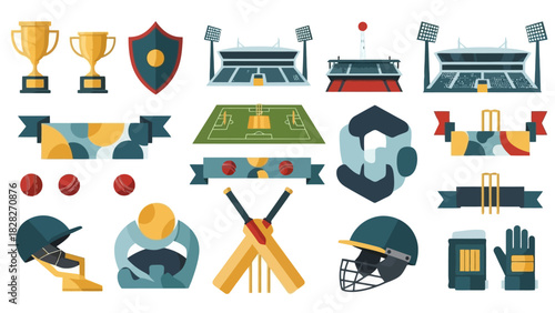 Sports Competition Winning Trophies Stadiums Equipment and Field Icons for Game Celebration and Victory