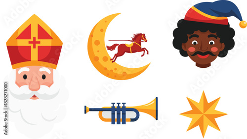 A traditional winter festival vector icon set with a bishop, festive helper, horse on the moon, trumpet, and star h(388)