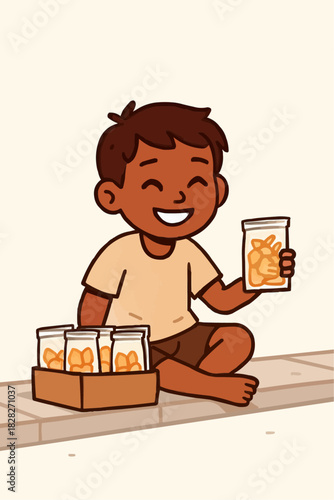 Street Child Selling Snacks Flat Vector Illustration