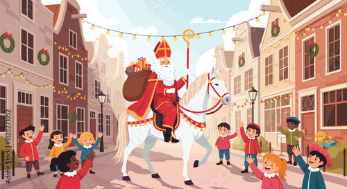 A traditional bishop on a white horse leading a festive winter parade for cheerful children in a European village