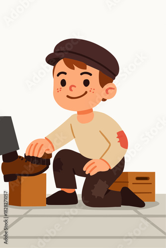 Street Child Shoe Shiner Flat Vector Illustration