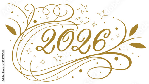 Elegant golden 2026 new year design with decorative swirls and star accents on a white background