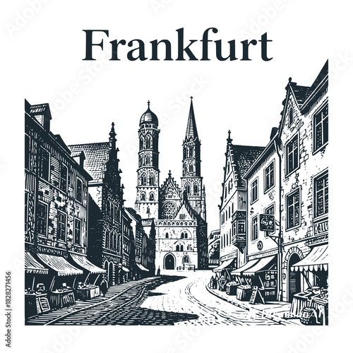 Frankfurt old city travel engraved black white illustration
