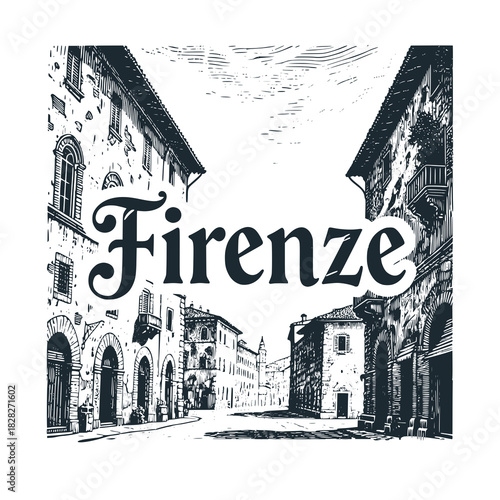 Firenze old city travel engraved black white illustration