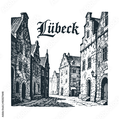 Lubeck old city travel engraved black white illustration