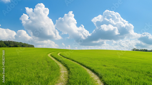 Rolling green field with tractor track leading toward distant treeline under dramatic cloudscape on sunny day, peaceful rural landscape with vibrant grass and blue sky
