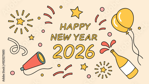 Festive happy new year 2026 celebration with balloons confetti stars and champagne bottle design elements