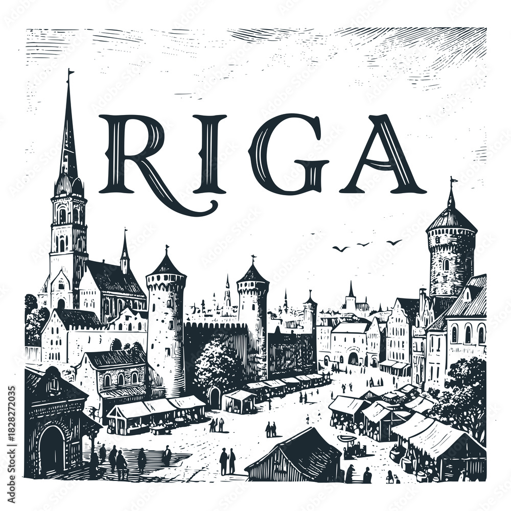 Fototapeta premium Riga old city travel engraved black white illustration