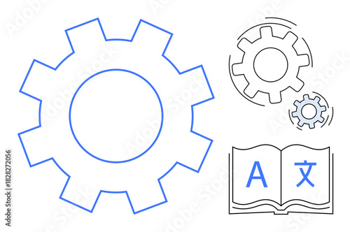 Large gear, two smaller gears, open book with language symbols. Ideal for technology, automation, translation, learning, innovation development progress. Simple flat metaphor