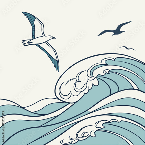 Stylized illustration of a large ocean wave with seagulls flying gracefully above the cresting water in a serene minimalist design