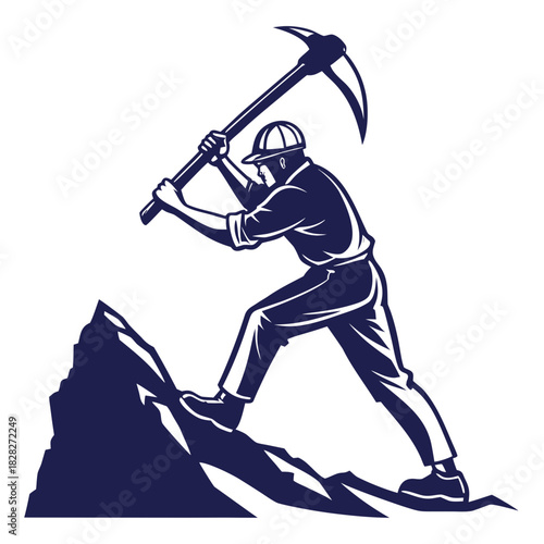 A determined miner wearing a hard hat and work clothes swings a pickaxe vigorously to break apart a rocky mountain face representing hard work and resource extraction