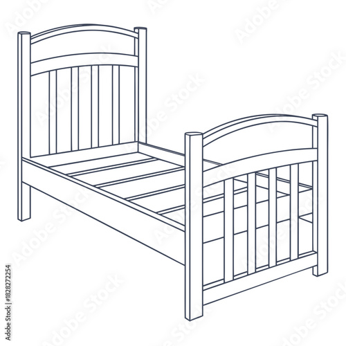 A simple line drawing illustration of a wooden bed frame with a slatted headboard and footboard perfect for interior design concepts