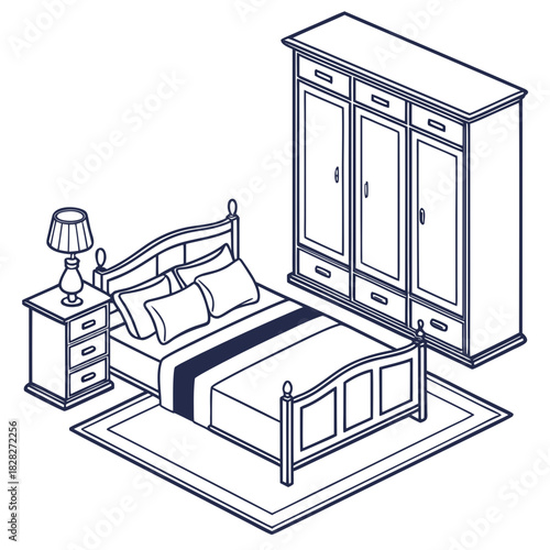 A clean line art isometric illustration of a bedroom scene featuring a bed with pillows and a blanket a bedside table with a lamp and a large wardrobe with three doors and drawers