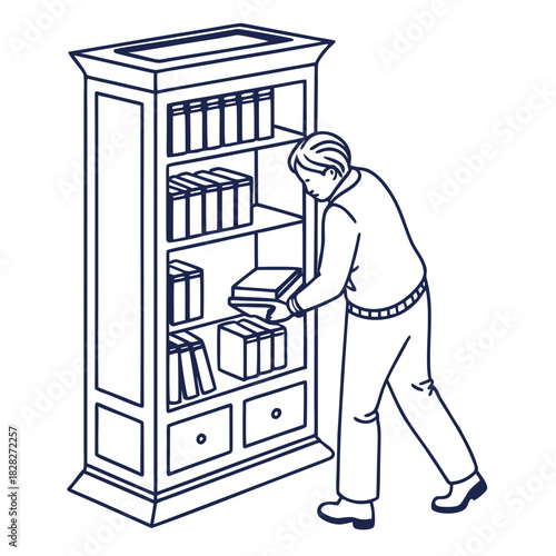 A person is carefully placing books onto the shelves of a tall classic wooden bookshelf with drawers at the bottom illustrating a love for reading and organization