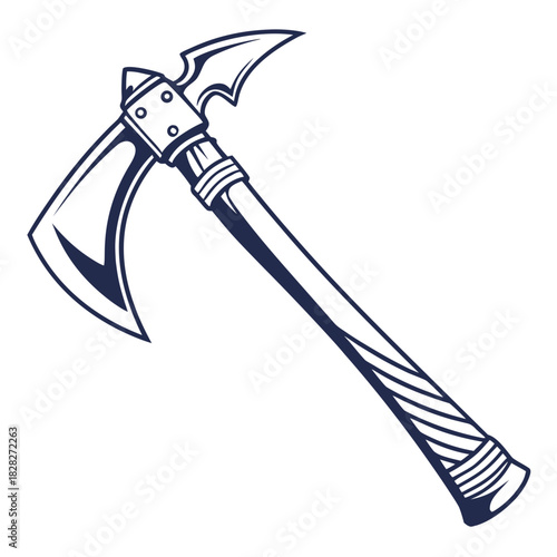 A stylized dark blue vector illustration of a battle axe with a sharp curved blade and a pointed spike on the back of the head set against a white background