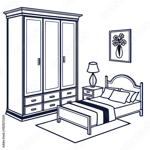 A minimalist line art illustration of a bedroom scene featuring a large wardrobe a bed with pillows and a blanket a bedside table with a lamp and a framed picture of flowers on the wall
