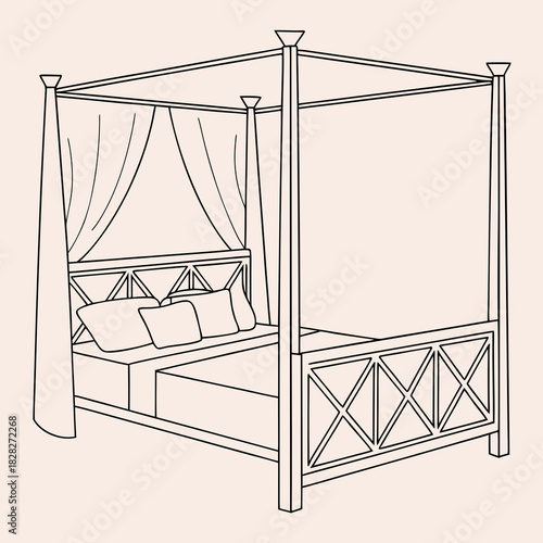 A minimalist line drawing of a classic four poster bed with draped curtains and decorative headboard and footboard featuring a simple mattress and pillows on a light peach background