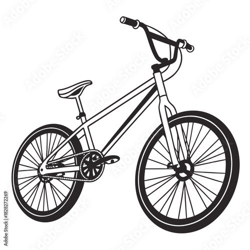 A stark black and white illustration of a classic bmx bicycle with its distinct frame handlebars seat pedals chain and spoked wheels against a clean white background