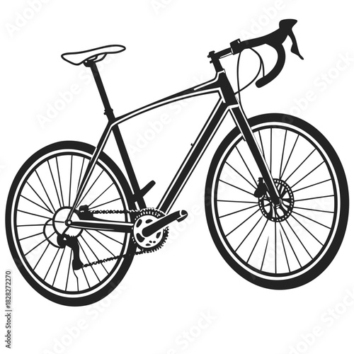 A detailed black and white silhouette illustration of a modern road bicycle with disc brakes and drop handlebars isolated on a white background