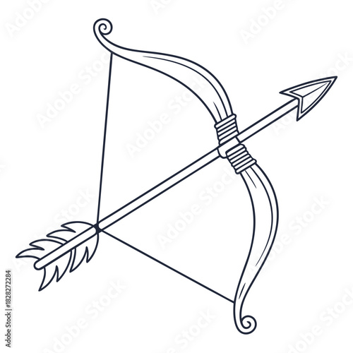 A striking outline illustration of a traditional bow and arrow symbolizing archery hunting and precision presented on a clean white background for versatile design applications