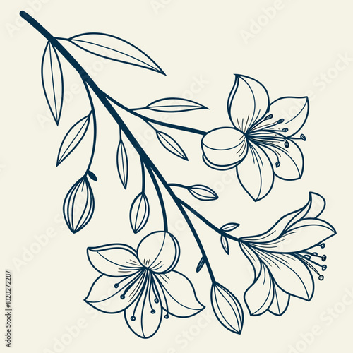 Elegant hand drawn dark blue line art floral branch with blooming flowers and buds on a light cream background representing nature and botanical beauty