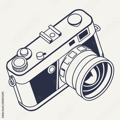 Minimalist isometric line art illustration of a vintage rangefinder camera with a dark navy blue outline and a light cream background perfect for design projects