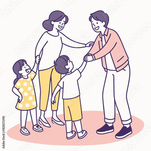 A happy family of four parents and two children sharing a joyful moment together with smiles and high fives in a simple clean illustration style