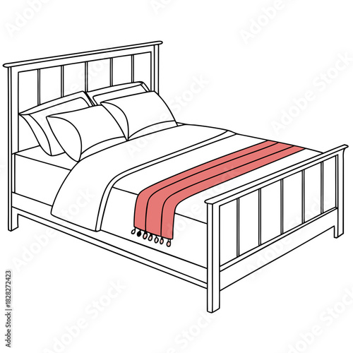 A stylized line drawing of a neatly made bed with white linens multiple pillows and a coral colored throw blanket with tassels draped across the foot of the bed