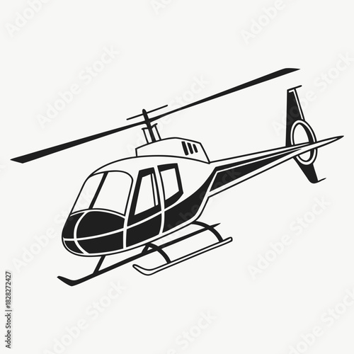 A sleek modern black and white illustration of a helicopter in flight showcasing its rotor blades tail rotor and landing skids against a clean backdrop