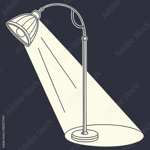 A stylized illustration of a classic arc floor lamp casting a bright beam of light onto a dark background creating a dramatic spotlight effect
