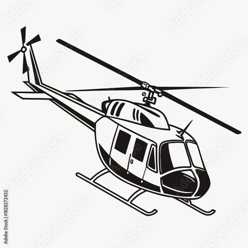 A sleek black and white illustration of a modern utility helicopter in flight featuring a detailed rotor system and landing skids perfect for aviation themes