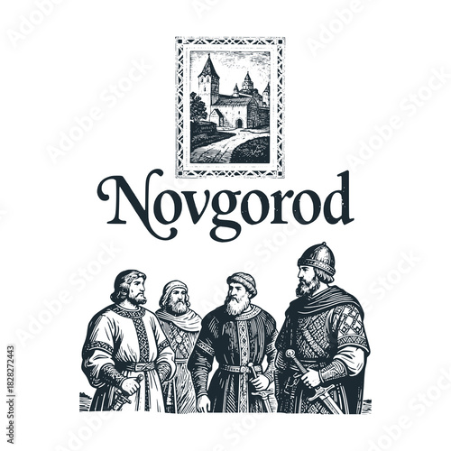 Novgorod old city travel engraved black white illustration