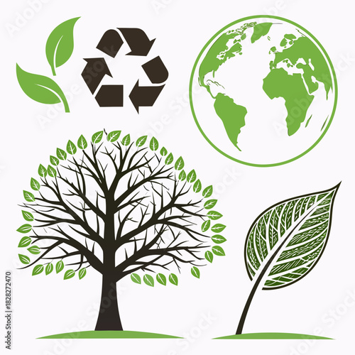 A collection of environmental icons including a stylized tree with green leaves a recycling symbol two green leaves a green globe and a detailed leaf illustration on a white background