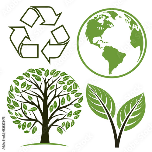 Green earth icons symbolizing environmental conservation recycling sustainability and the growth of nature promoting a healthy planet and eco friendly living