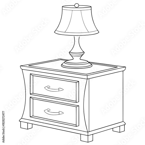 A simple black and white line drawing illustration of a classic bedside table with two drawers and a decorative lamp on top perfect for coloring pages and design projects